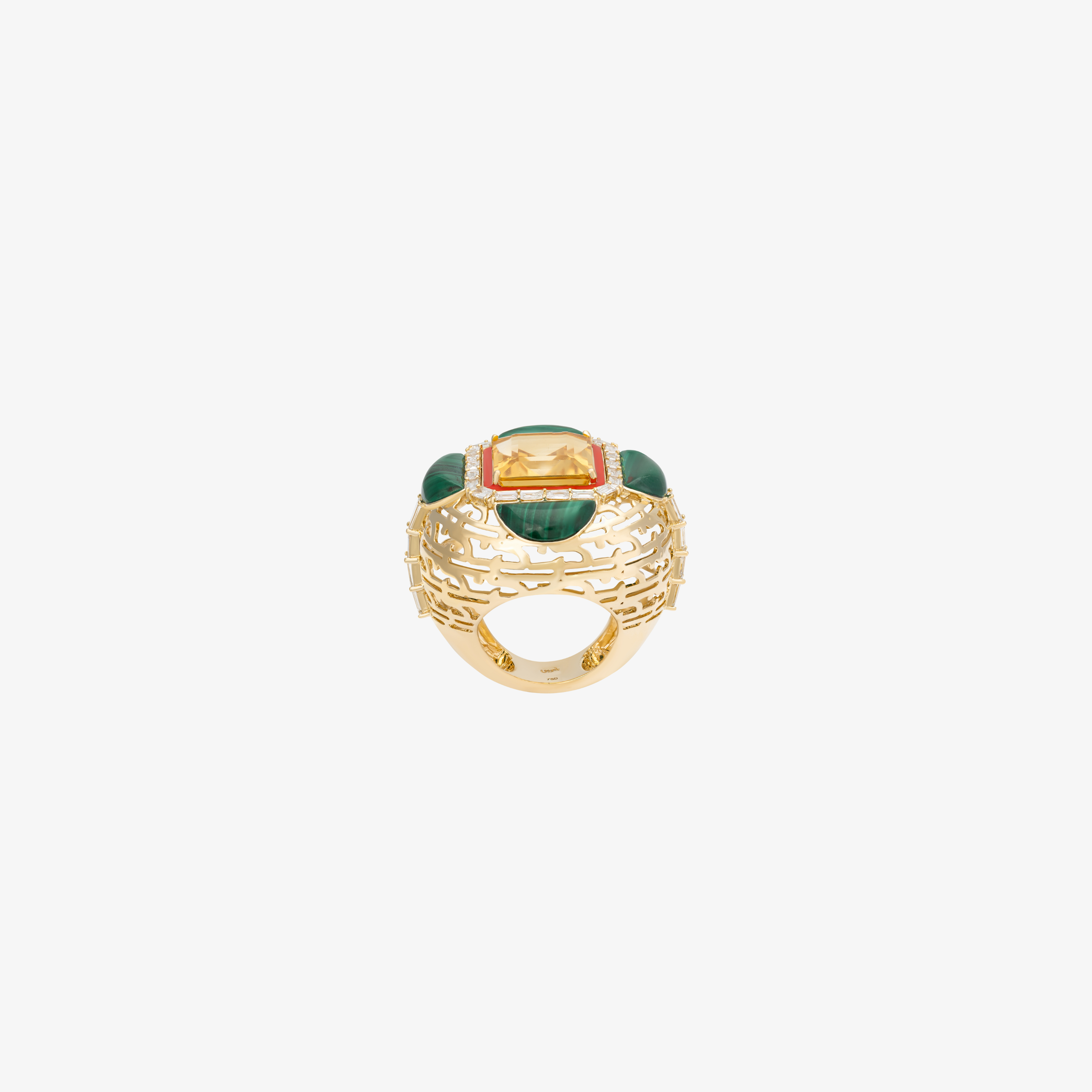 HAWA - 18K Gold, Citrine & Malachite Baguette Diamond Ring