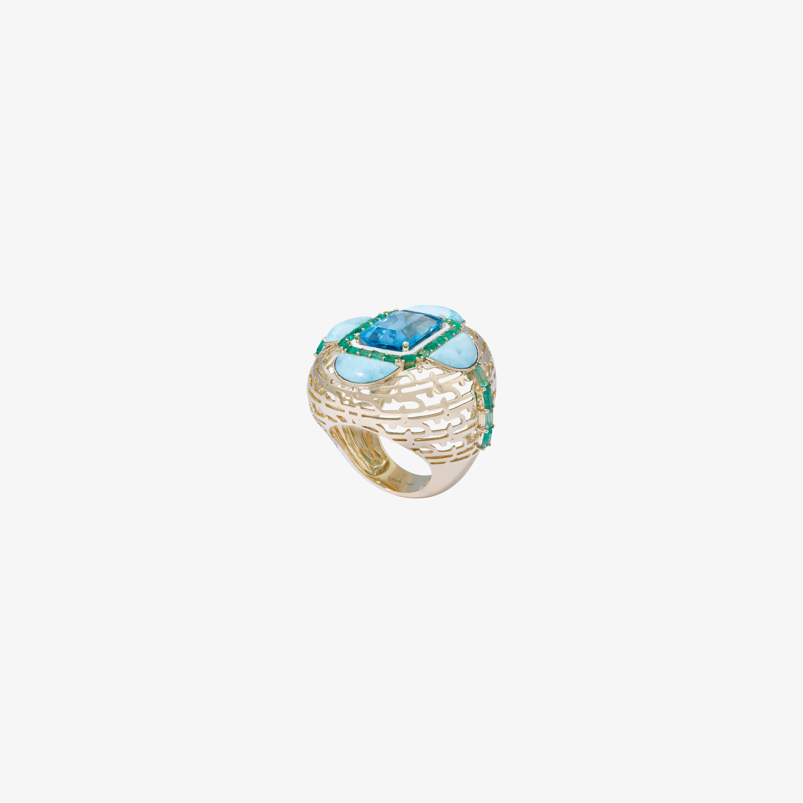 HAWA - 18K Gold, Turquoise, Aquamarine & Emerald Ring