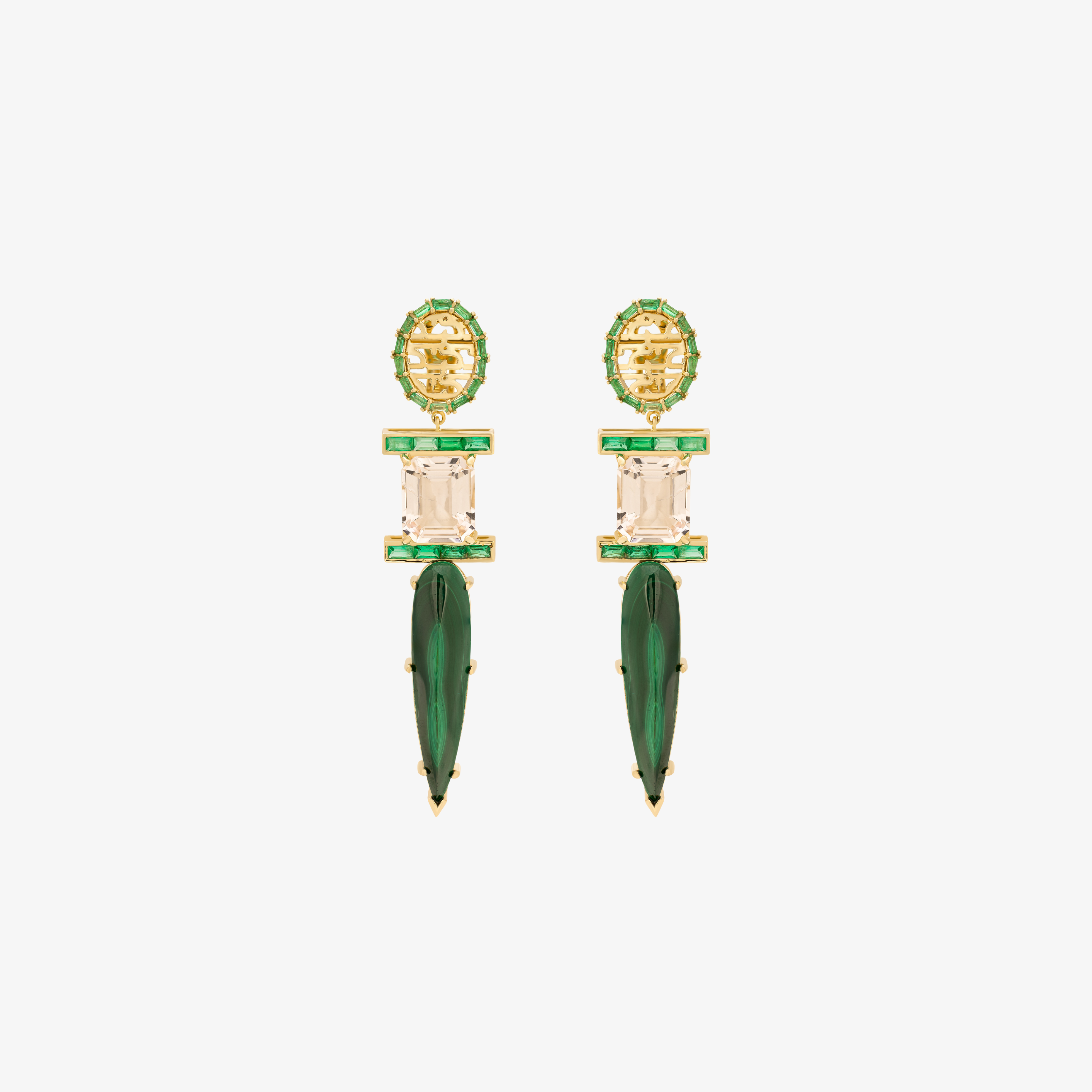 HAWA - 18K Gold, Emerald, Aquamarine & Malachite Earrings