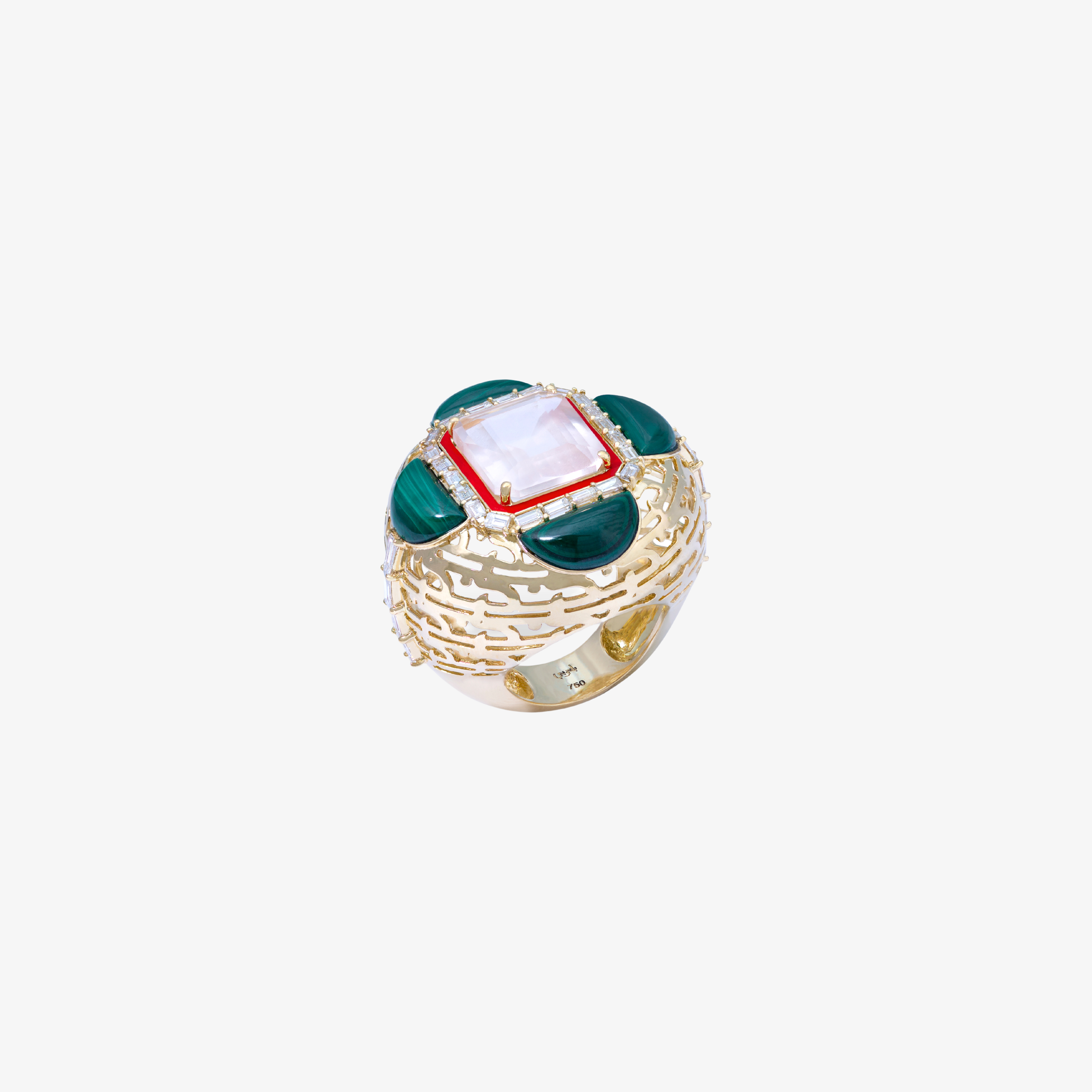 HAWA - 18K Gold, Malachite, Pink Quartz & Baguette Diamond Ring