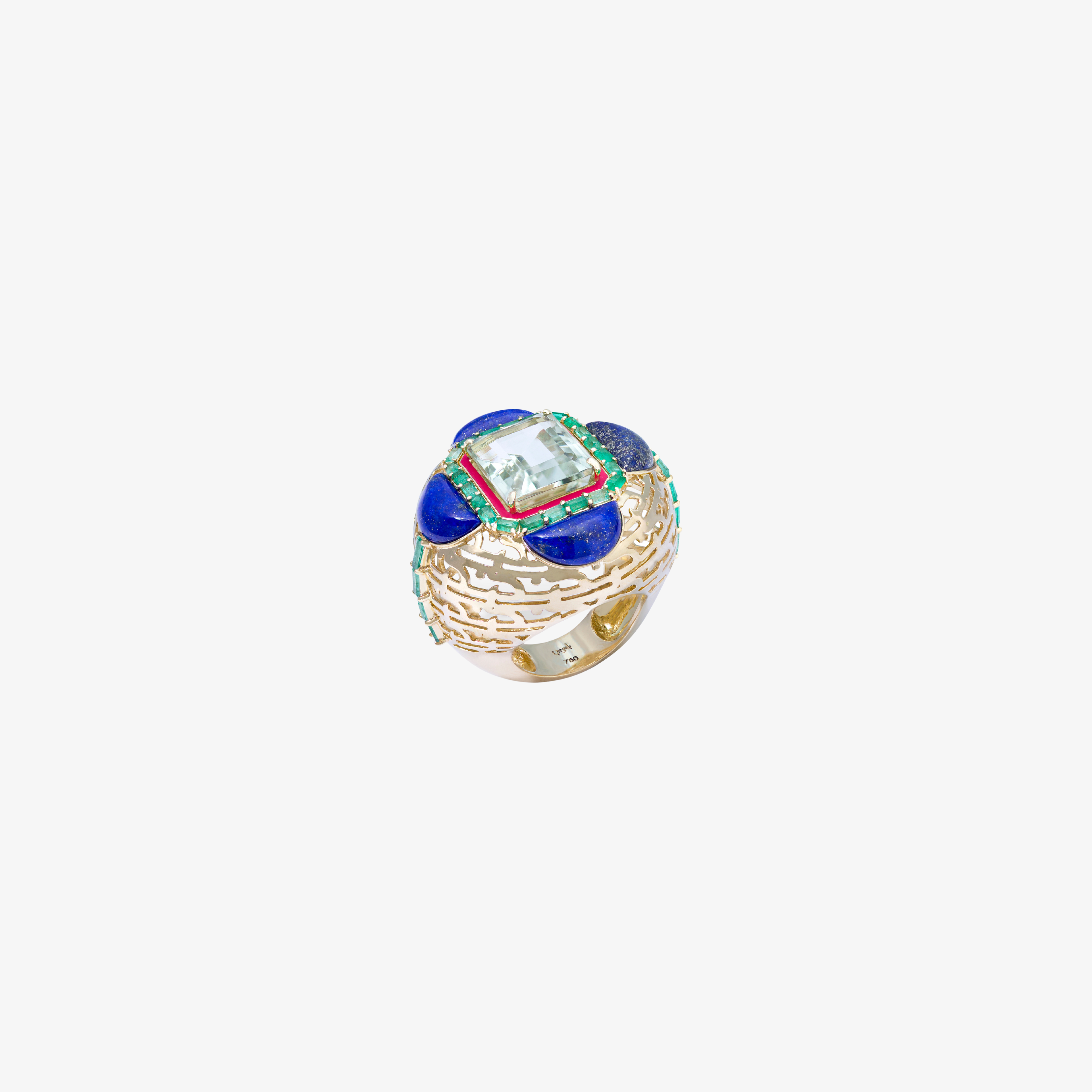 HAWA - 18K Gold, Lapis Lazuli, Aquamarine & Emerald Ring