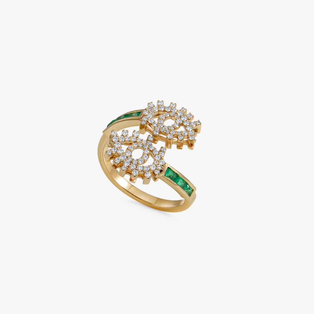 YA EIN - 18K Gold & Diamond Twist Ring with Emerald