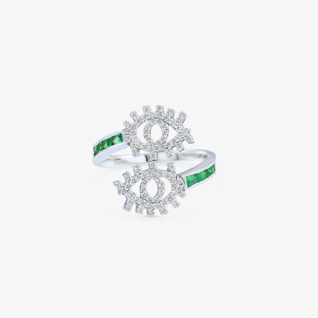 YA EIN - 18K Gold & Diamond Twist Ring with Emerald