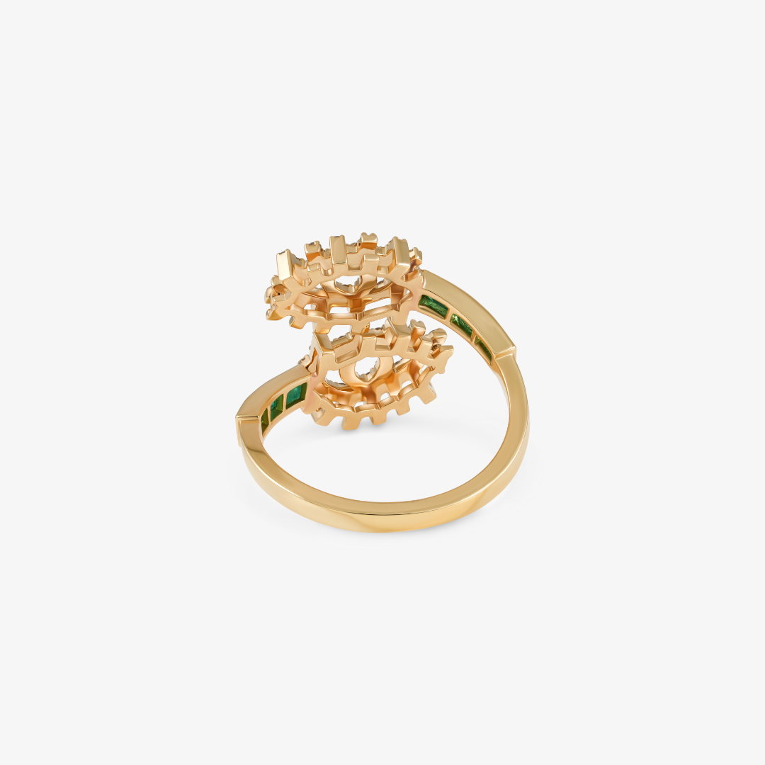 YA EIN - 18K Gold & Diamond Twist Ring with Emerald