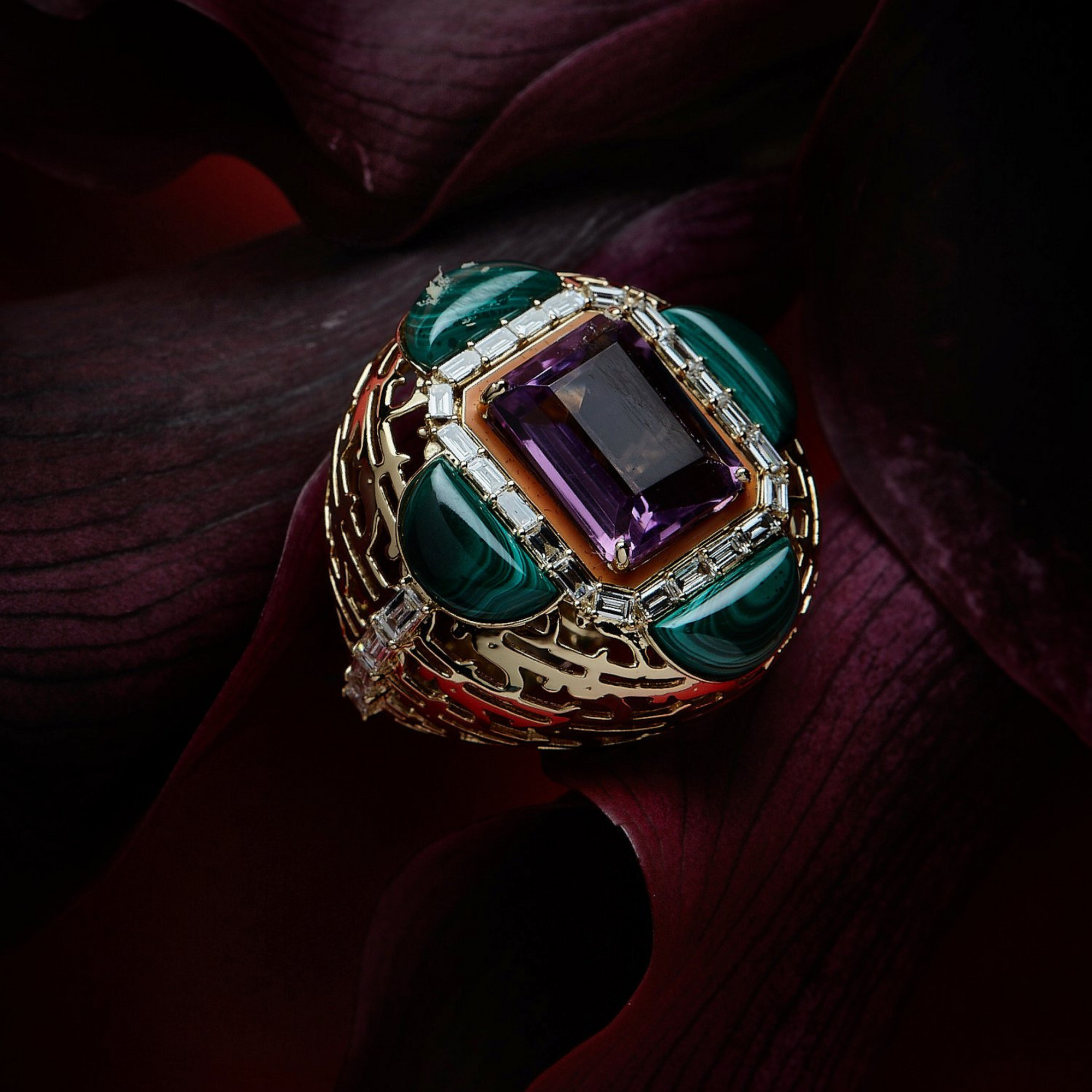 HAWA - 18K Malachite & Amethyst Baguette Diamond Ring