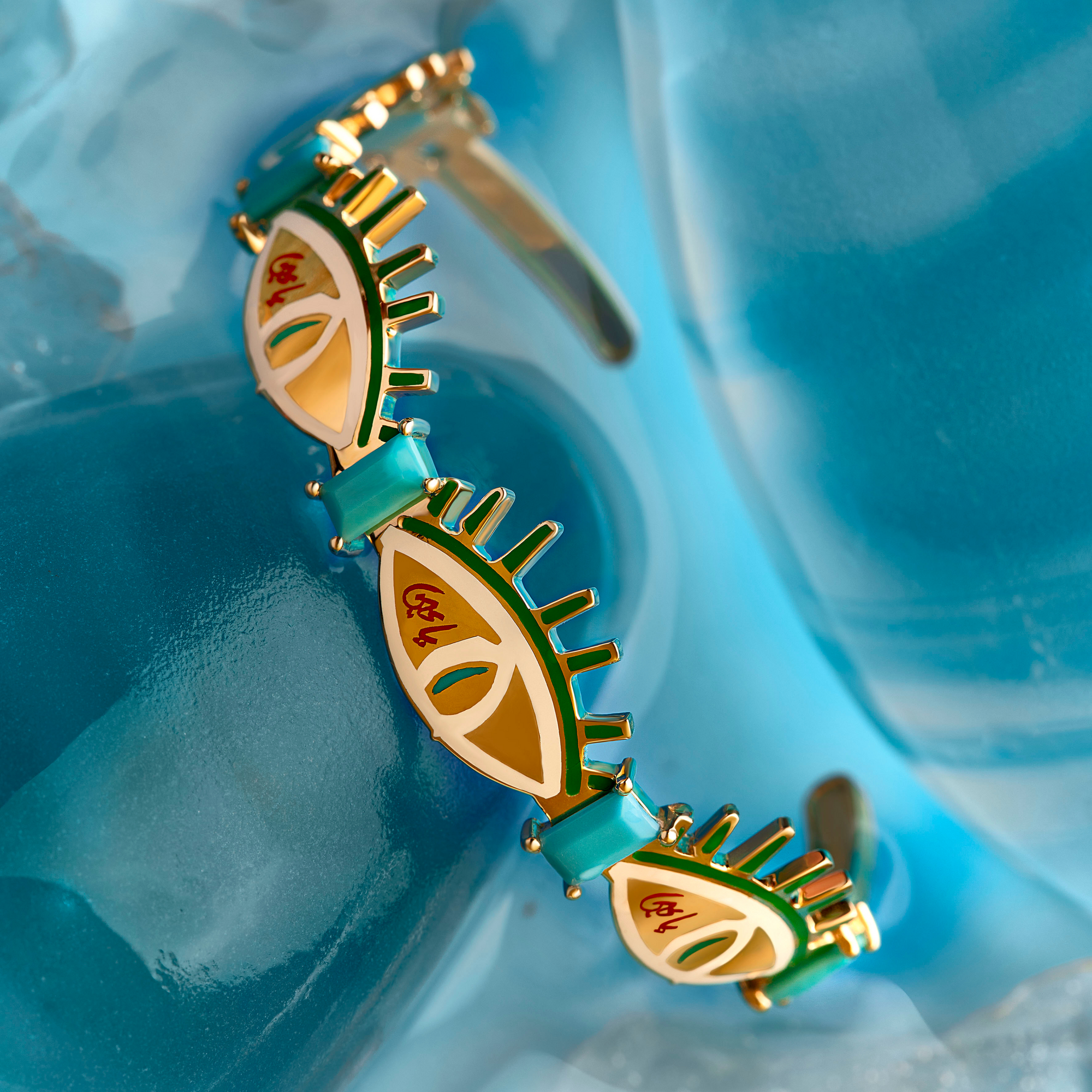 YA EIN - 18K Gold, Turquoise Stone & Enamel "Ya Ein" Cuff