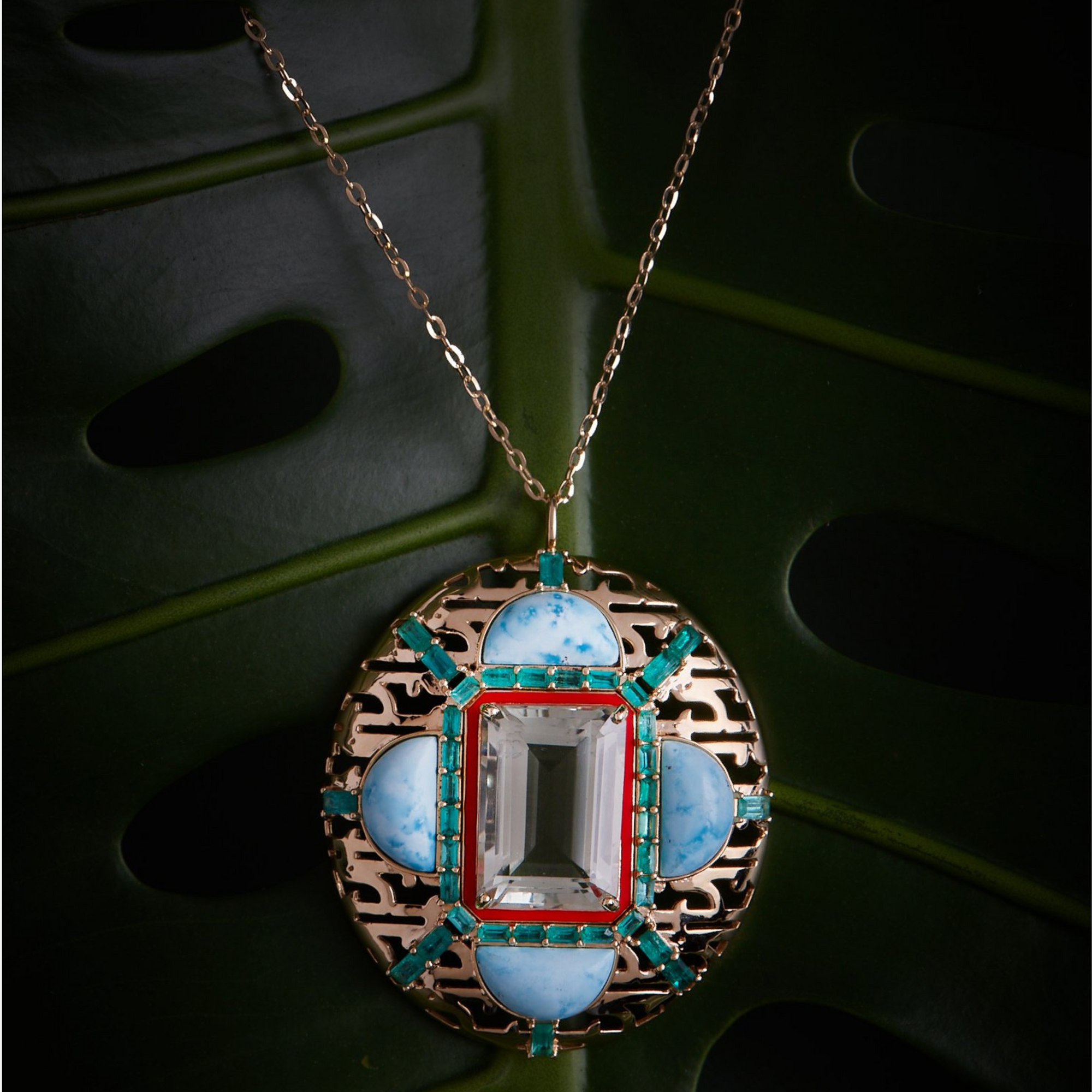 HAWA - 18K Gold, Emerald, Tourmaline & Turquoise Pendant