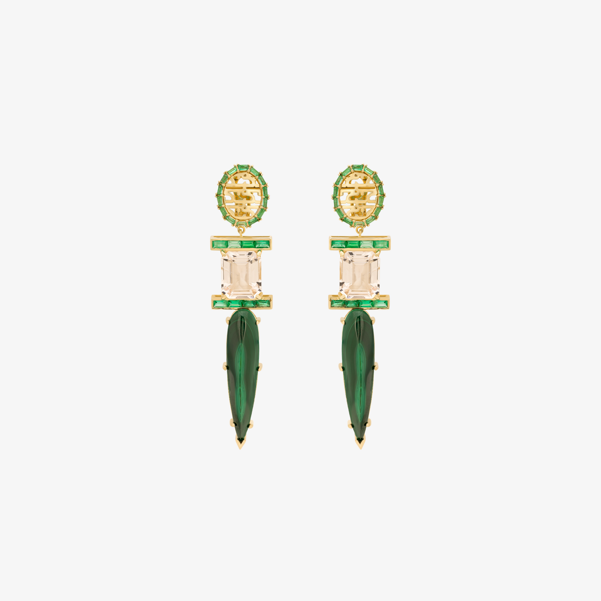 HAWA - 18K Gold, Emerald, Aquamarine & Malachite Earrings