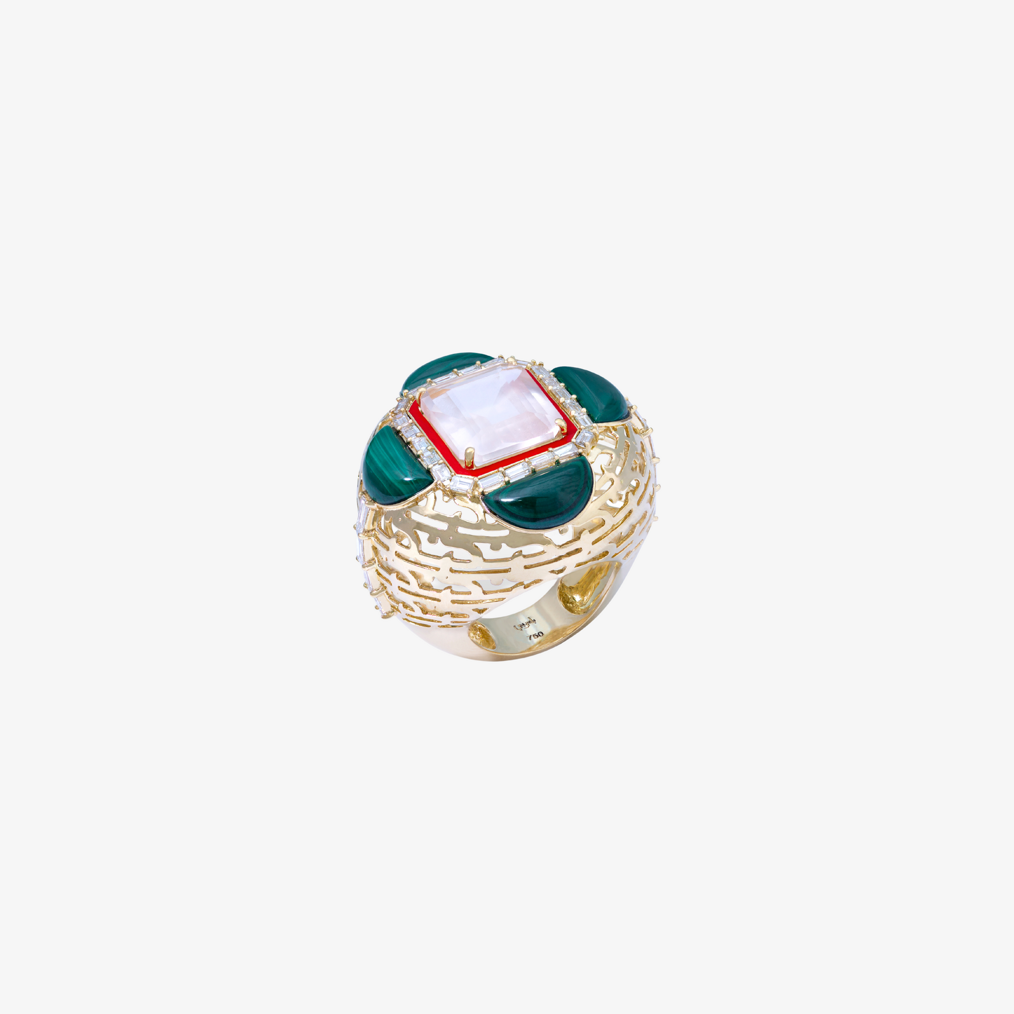 HAWA - 18K Gold, Malachite, Pink Quartz & Baguette Diamond Ring