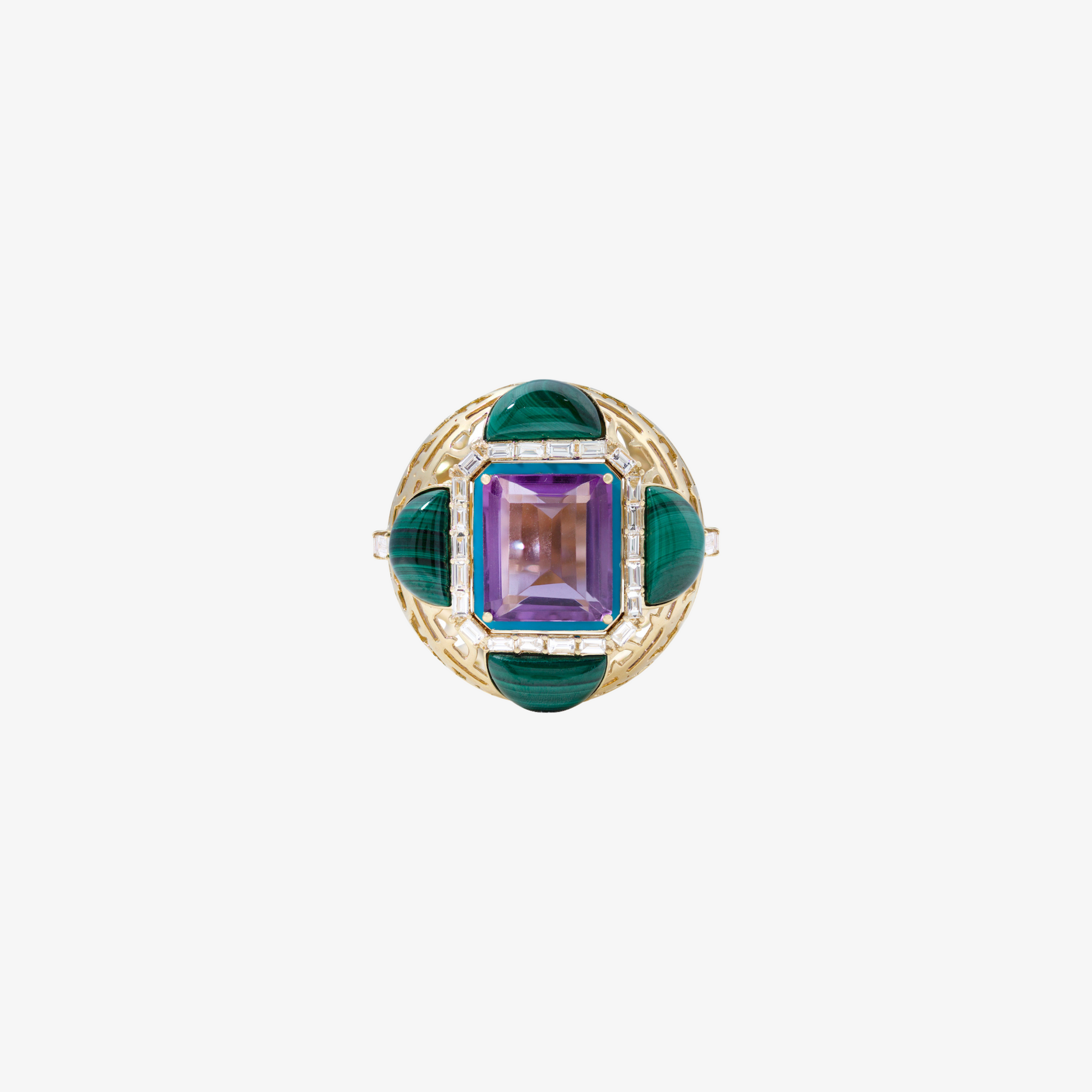 HAWA - 18K Malachite & Amethyst Baguette Diamond Ring