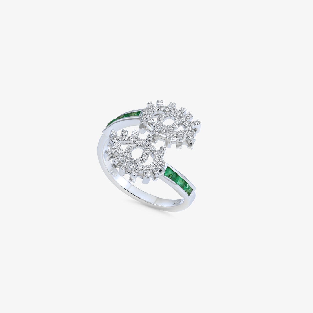 YA EIN - 18K Gold & Diamond Twist Ring with Emerald