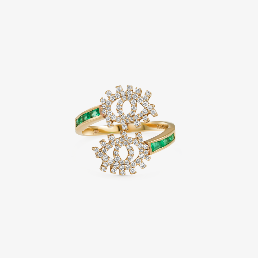 YA EIN - 18K Gold & Diamond Twist Ring with Emerald