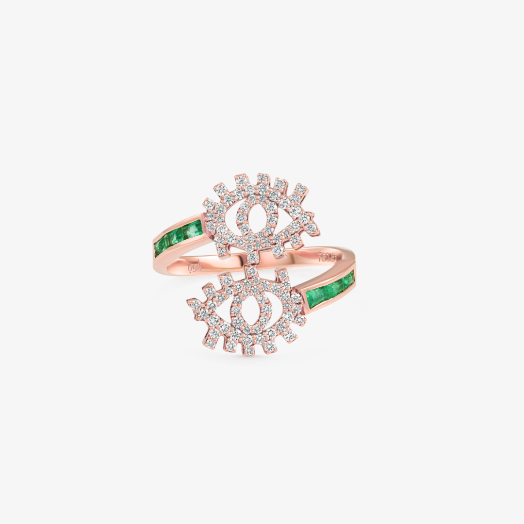 YA EIN - 18K Gold & Diamond Twist Ring with Emerald