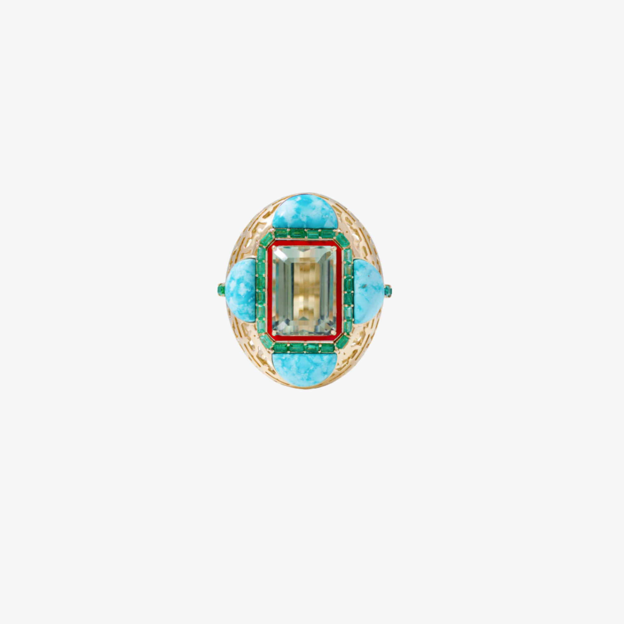 HAWA - 18K Gold, Turquoise, Amethyst & Emerald Ring (Oval Shape)