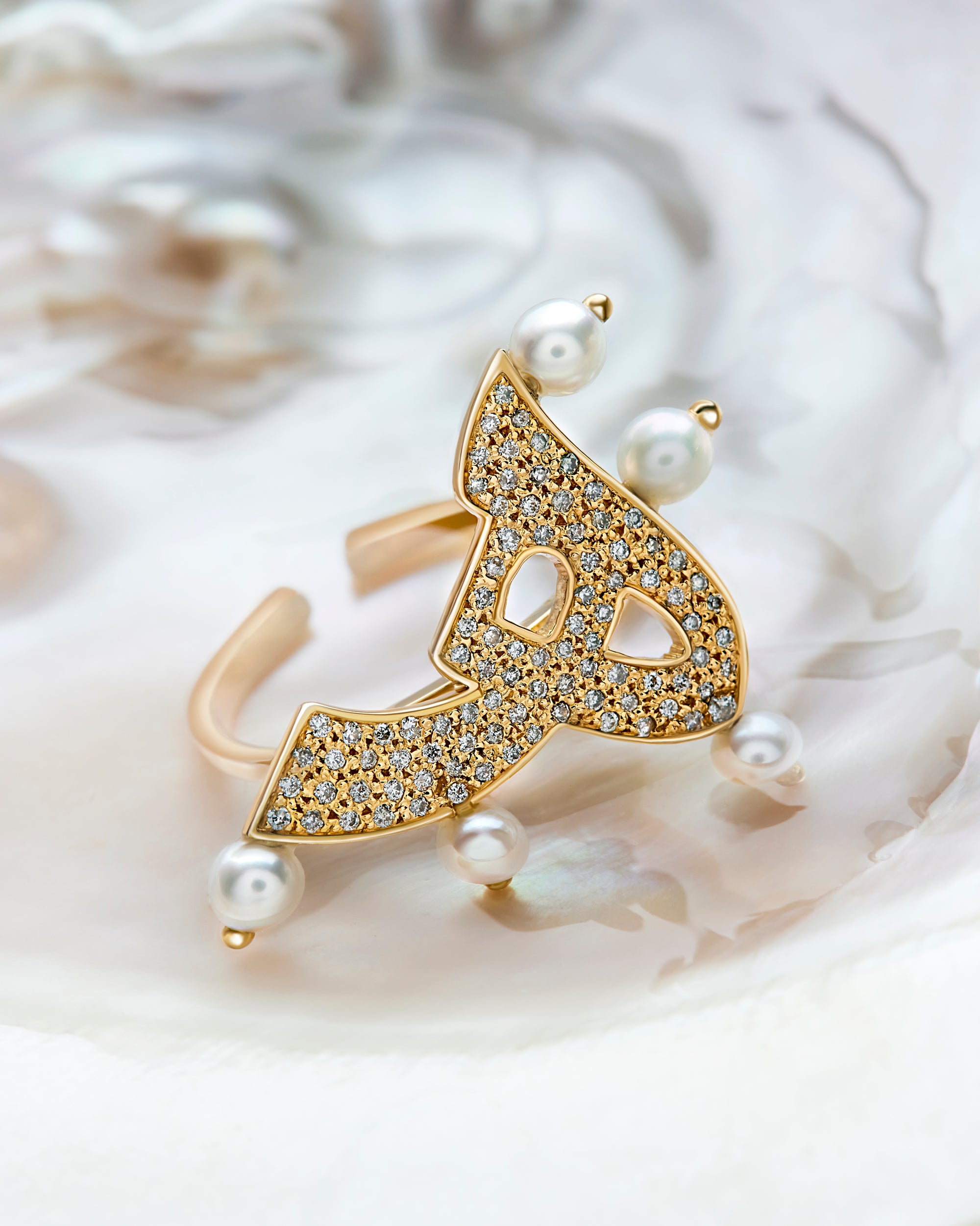 OULA- 18K Gold, Pearl & Diamond Letter Ring